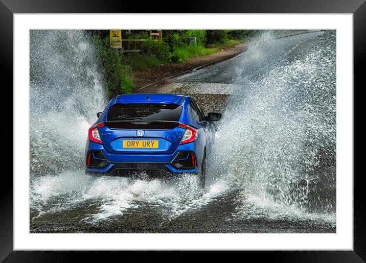 Blue Honda Civic conquers flooded Ford Framed Mounted Print by Martin Day