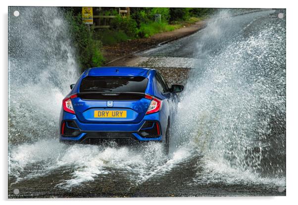 Blue Honda Civic conquers flooded Ford Acrylic by Martin Day