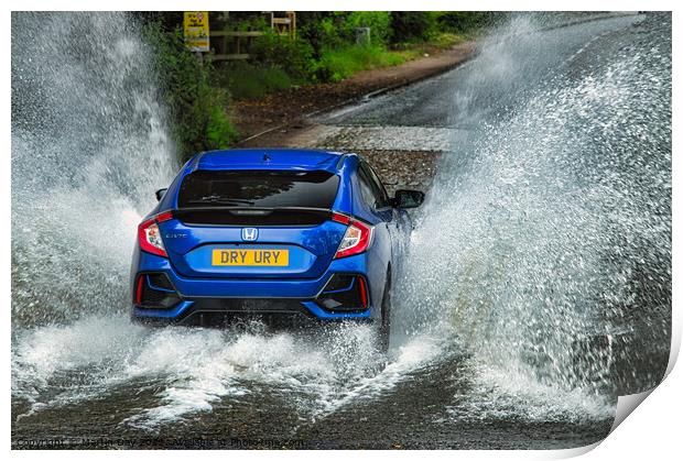 Blue Honda Civic conquers flooded Ford Print by Martin Day