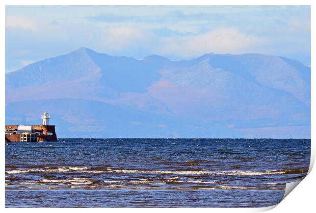 Troon harbour lighthouse and Goat Fell Print by Allan Durward Photography