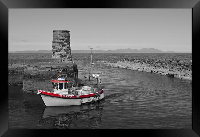 Small fishing boat entering Dunure harbour Ayrshire Framed Print by Allan Durward Photography