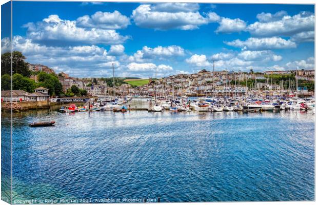 Serene Brixham Waterfront Canvas Print by Roger Mechan