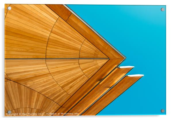 Abstract view of roof structure against blue sky.  Acrylic by Paul Tuckley