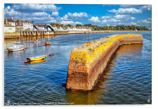 The Curving Red Brick Breakwater of Starcross Acrylic by Roger Mechan
