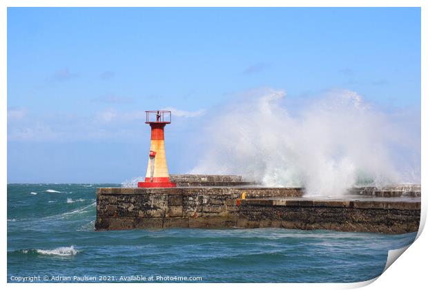 Large wave near lighthouse Print by Adrian Paulsen