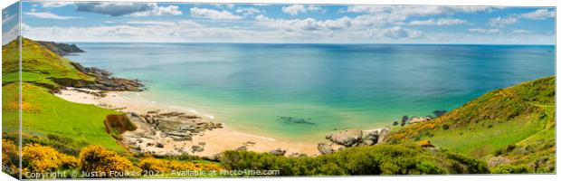 Panoramic view over Gara Rock beach, near Salcombe Canvas Print by Justin Foulkes