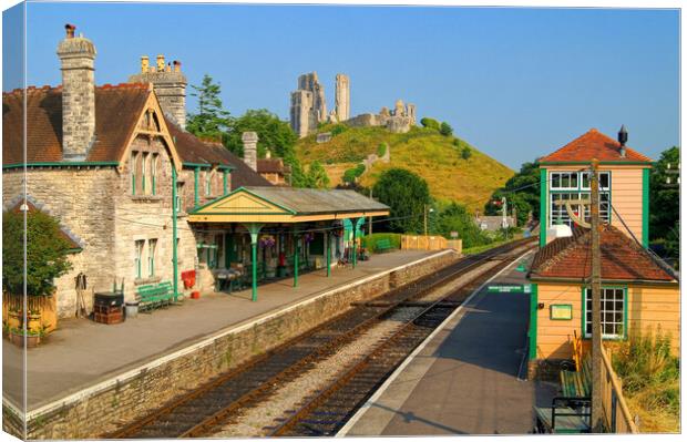 Corfe Castle and Railway Station Canvas Print by Darren Galpin
