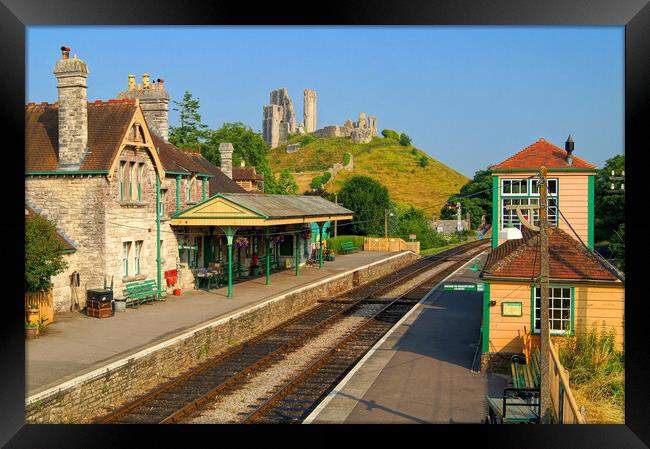 Corfe Castle and Railway Station Framed Print by Darren Galpin