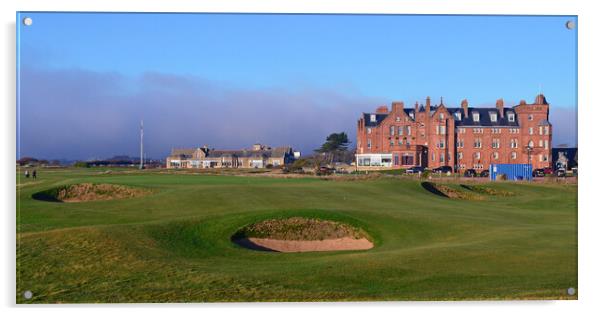 Royal Troon 17th green and clubhouse  Acrylic by Allan Durward Photography