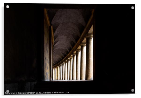Hallway with monumental columns framed by the dark shadows of a  Acrylic by Joaquin Corbalan