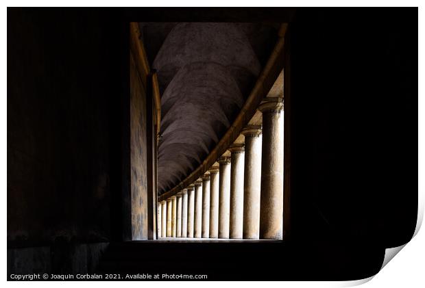 Hallway with monumental columns framed by the dark shadows of a  Print by Joaquin Corbalan