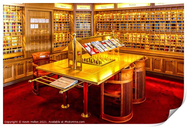 Library on a cruise ship with chess set Print by Kevin Hellon