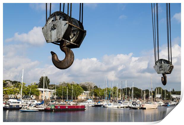 Gigantic hooks from the boat crane at Preston Marina Print by Jason Wells