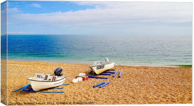 Boats On The Beach At Slapton Sands Canvas Print by Peter F Hunt