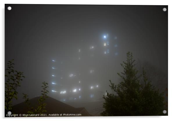 Eerie sky scraper hospital lights shine through very thick fog. Acrylic by Rhys Leonard