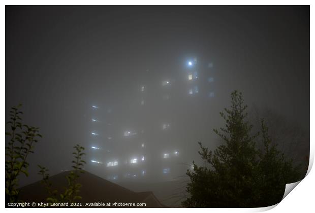 Eerie sky scraper hospital lights shine through very thick fog. Print by Rhys Leonard