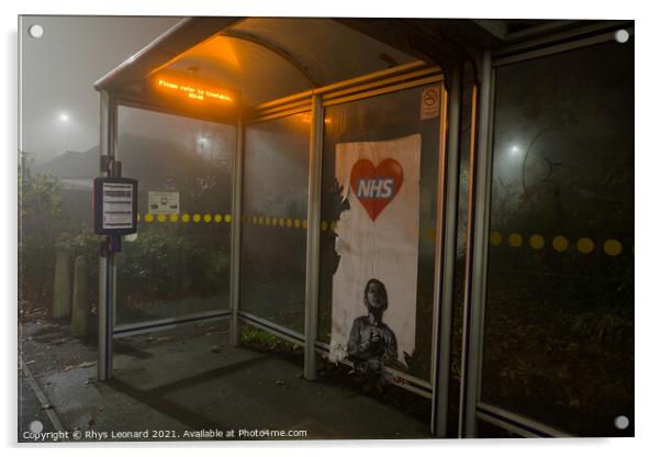 NHS Thank you poster part torn in a bus stop, in the style of Banksy Acrylic by Rhys Leonard