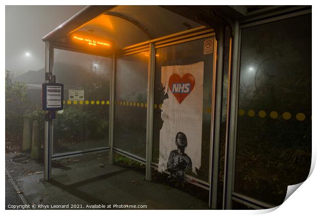 NHS Thank you poster part torn in a bus stop, in the style of Banksy Print by Rhys Leonard