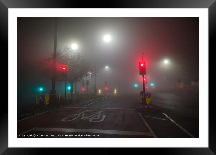 Extremely foggy night time conditions at a junctio Framed Mounted Print by Rhys Leonard