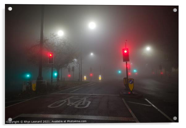 Extremely foggy night time conditions at a junctio Acrylic by Rhys Leonard