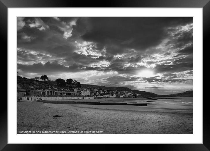 Monochrome Lyme Regis beach front in December Framed Mounted Print by Ann Biddlecombe