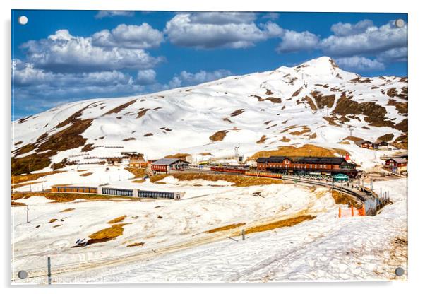 Snowy Swiss Railway Scene Acrylic by Roger Mechan