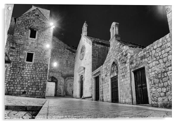 Black and white photo of street in Dubrovnik, Croatia Acrylic by Sergey Fedoskin