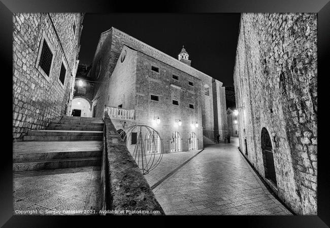 Black and white photo of street in Dubrovnik, Croatia Framed Print by Sergey Fedoskin
