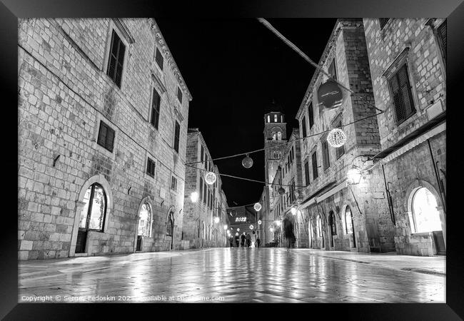 Black and white photo of street in Dubrovnik, Croatia Framed Print by Sergey Fedoskin