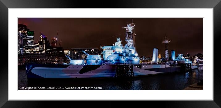 HMS Belfast | London | By Night Framed Mounted Print by Adam Cooke