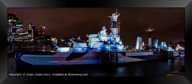 HMS Belfast | London | By Night Framed Print by Adam Cooke