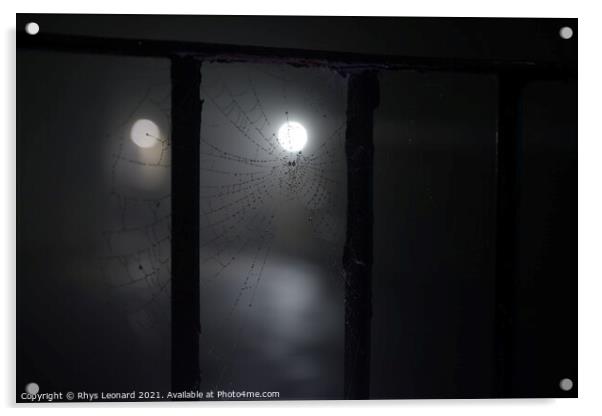 Spooky night time fog around a cobweb under railings with dew on it Acrylic by Rhys Leonard