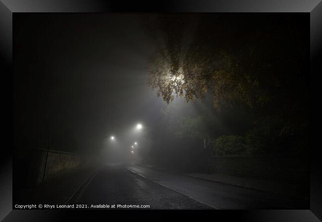 Deserted and spooky glossop road in sheffield, heavy fog during night Framed Print by Rhys Leonard