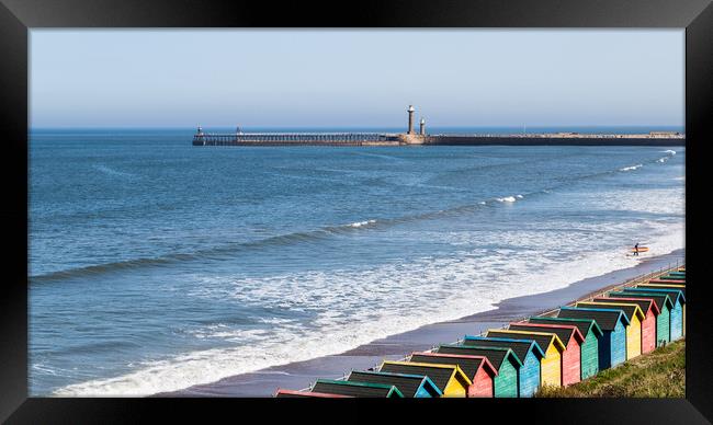 Surfer exiting the water at Whitby Framed Print by Jason Wells