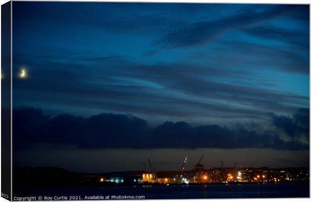 Moon over Falmouth Docks Canvas Print by Roy Curtis