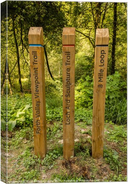 Coloured wooden trail posts highlighting different trails in a Scotland Canvas Print by SnapT Photography