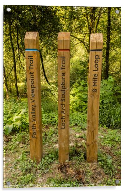 Coloured wooden trail posts highlighting different trails in a Scotland Acrylic by SnapT Photography