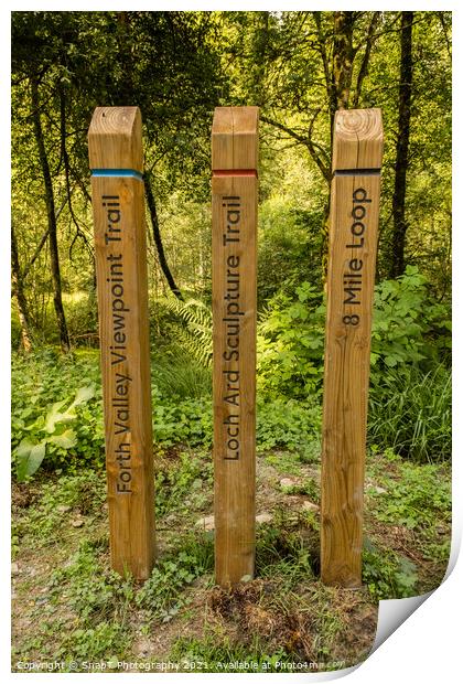 Coloured wooden trail posts highlighting different trails in a Scotland Print by SnapT Photography