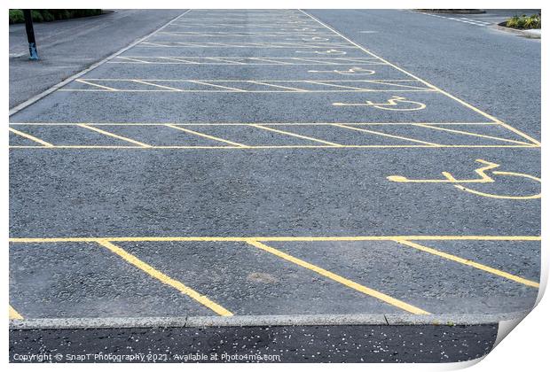 Numerous empty yellow marked disable vehicle parking spaces in a car park Print by SnapT Photography