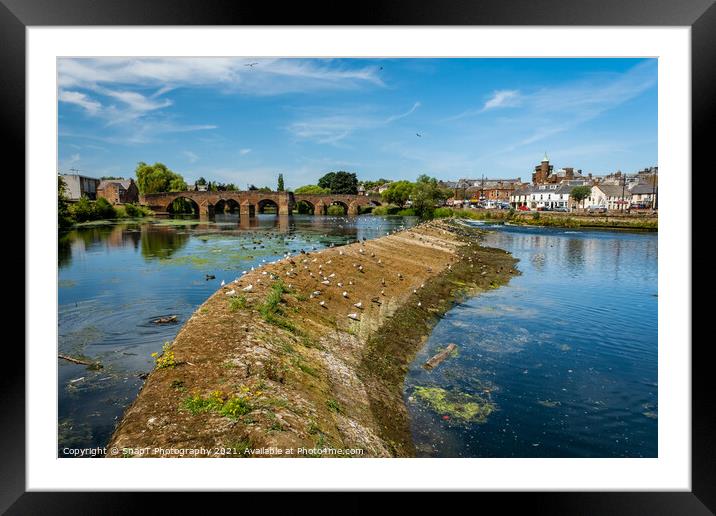 Low water and a dry caul weir during a summer drought on the River Nith Framed Mounted Print by SnapT Photography