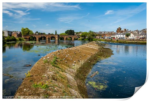 Low water and a dry caul weir during a summer drought on the River Nith Print by SnapT Photography