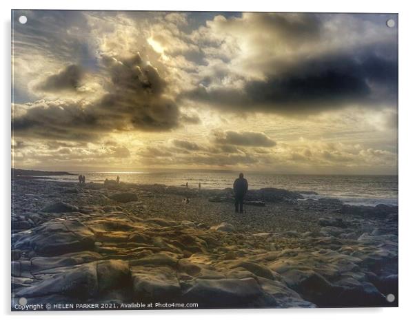 Rocky beach walk at dusk Acrylic by HELEN PARKER