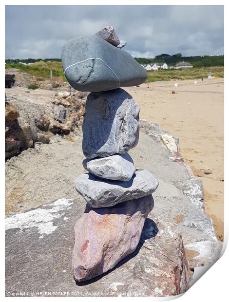 Stack of stones at the beach Print by HELEN PARKER