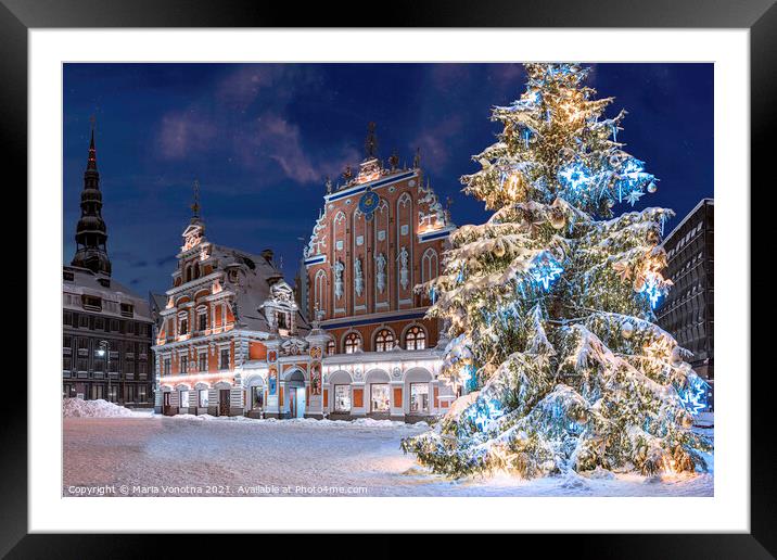 Illuminated Christmas tree at night in Riga Framed Mounted Print by Maria Vonotna