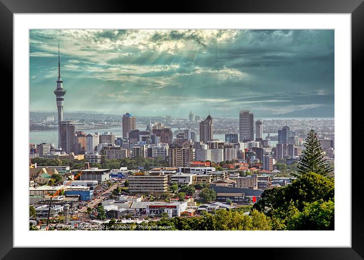 Dominant Skytower and Auckland's Urban Landscape Framed Mounted Print by Roger Mechan