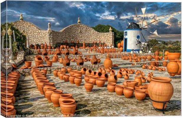 Artisanal Clay Pots and Windmill in Portugal Canvas Print by Roger Mechan