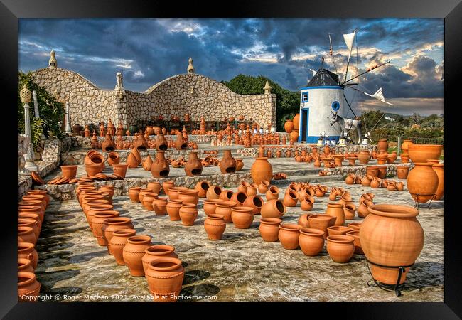 Artisanal Clay Pots and Windmill in Portugal Framed Print by Roger Mechan