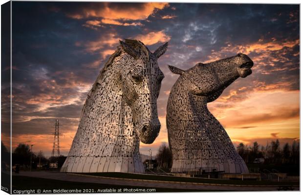 The Kelpies the metal horse heads in Scotland Canvas Print by Ann Biddlecombe