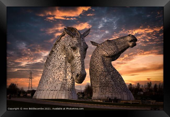 The Kelpies the metal horse heads in Scotland Framed Print by Ann Biddlecombe