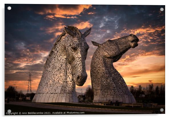 The Kelpies the metal horse heads in Scotland Acrylic by Ann Biddlecombe